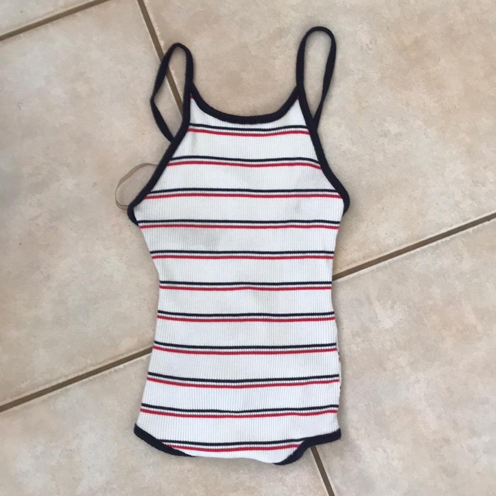 A striped body suit